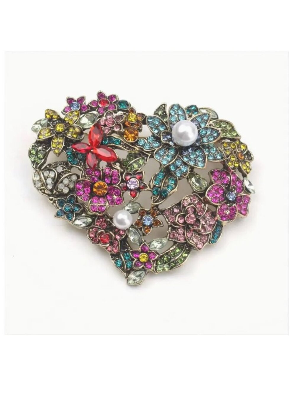 Heart Shape Floral Rhinestone Brooch Pin With Faux Pearl Accents